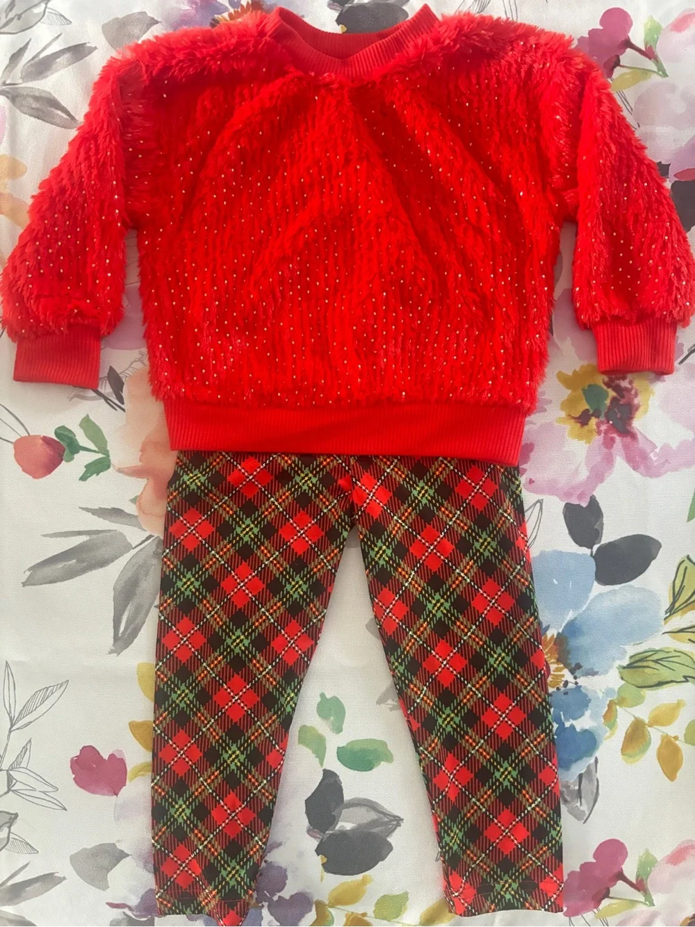 Red Fuzzy Sparkle Girls Sweater - Red and Green Plaid Pants